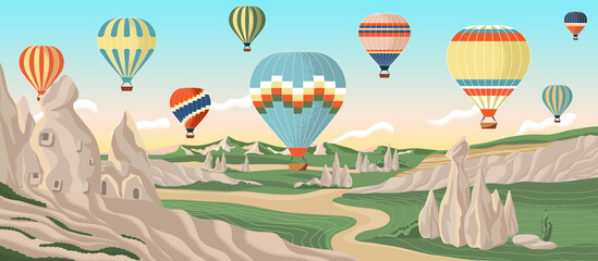 Hot air balloons over Cappadocia rocks landscape. Adventure travel in Turkey concept vector illustration. Summer vacation, travel by air balloon - obrazy, fototapety, plakaty