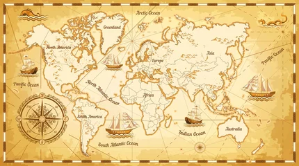 Rolgordijnen Wereldkaart Oude wereldkaart schepen en continenten kompas zeenavigatie
