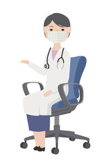 椅子に座って説明しているマスク姿の老練な女性医師
