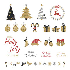 Set of winter holidays design elements. Cheerful hand-drawn New Year stickers set. Christmas illustration for card, poster, web, logo, scrapbooking, patterns. Flat style.