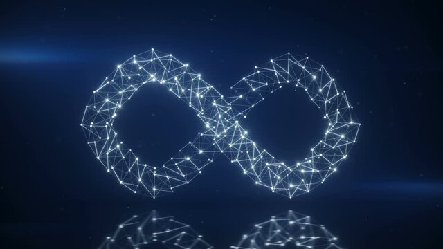 Infinity symbol of dots and connecting lines. Concept of connectivity technologies. Seamless loop 3D render animation