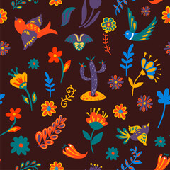 Cactus and blooming flora,flying birds seamless pattern