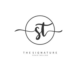 S T ST Initial letter handwriting and signature logo. A concept handwriting initial logo with template element.