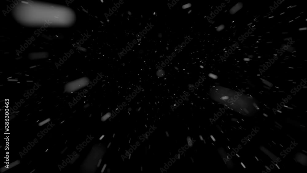 Poster heavy snowstorm. snowfall in the face. white snowflakes on black background. 3d render seamless loop
