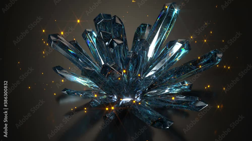 Poster dreamlike crystal druse and fireflies. 3d render seamless loop animation