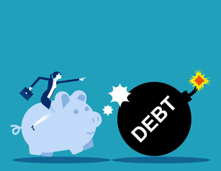 Piggy bank pushing the debt. Financial concept
