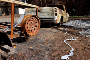 An old truck consumed by the Holiday Farm Fire in Blue River, Oregon