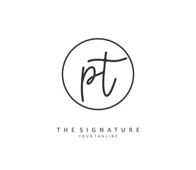 P T PT Initial letter handwriting and signature logo. A concept handwriting initial logo with template element.