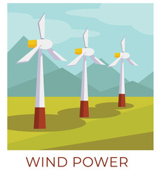Wind power station in field, ecological energy vector