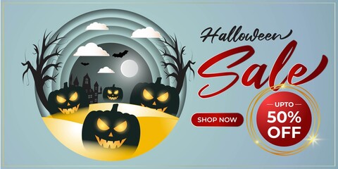 Vector illustration of Halloween sale with scary pumpkins on paper cut background, up to 50% off, limited offer, spooky night background, template for offer, sale, party flyer