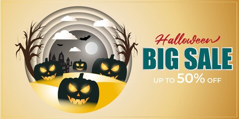 Vector illustration of Halloween Big sale with scary pumpkins on paper cut background, up to 50% off, limited offer, spooky night background, template for offer, sale, party flyer