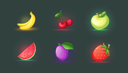 Realistic icons for casino slot machine. Game interface for gambling games lotteries casino machines. Fruit icons plum, bananas, cherries, apple, strawberry. Bonus logos for gambling