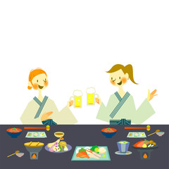 旅館で和食を楽しむ浴衣姿の女性ふたり