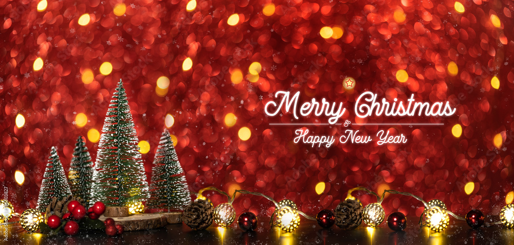 Poster merry christmas and happy new year text over xmas tree on red glitter sparkling string lights festiv
