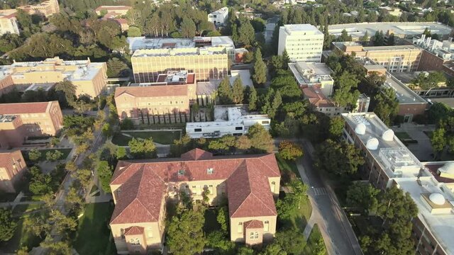 Fly over UCLA campus, Graduate School of Education and Physics, aerial view at sunset