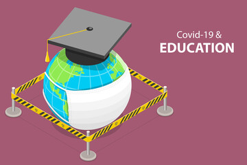 3D Isometric Flat Vector Conceptual Illustration of Impact of the COVID-19 Pandemic on Education, Online Learning.