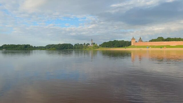Panorama of the Volkhov river near the Kremlin of Veliky Novgorod on a Sunny July morning. Russia