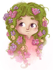 Little girl face with flowers in her hair