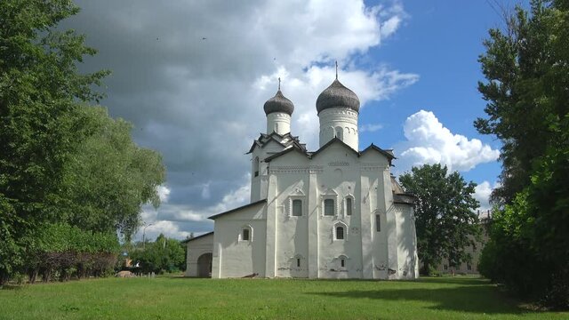 View of the Cathedral of the Transfiguration of the Saviour on a cloudy July day. Staraya Russa, Russia