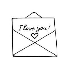 letter in envelope, lettering i love you and heart sketch hand drawn doodle. love, icon, vector, monochrome, minimalism, valentine day, message
