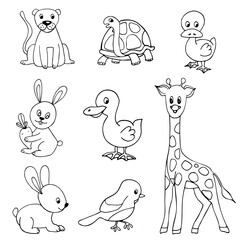 Vector linear drawing, set of cute childrens illustrations, african animals
