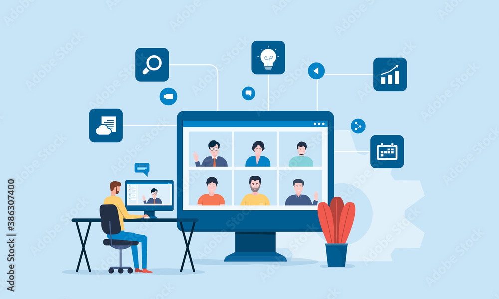 Poster people connecting online with teleconference and video conference for meeting learning remote workin