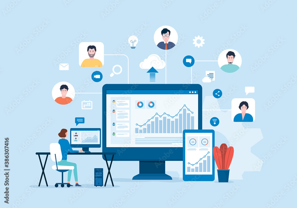 Poster people business connecting online video conference connect for meeting remote working on dashboard f