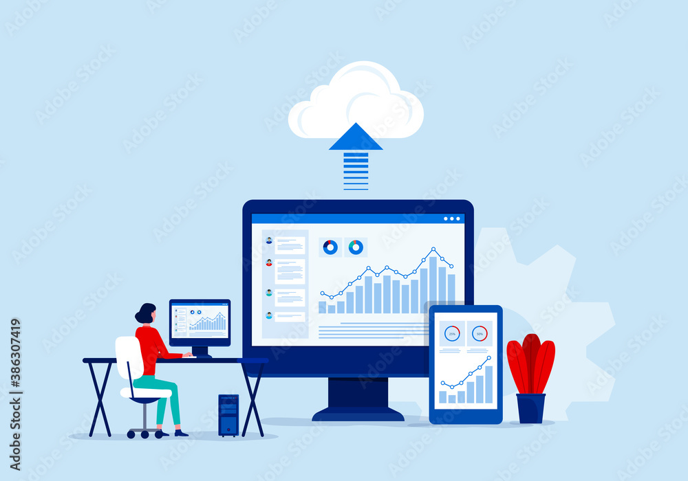 Poster flat vector business technology cloud computing service concept and with developer team working   on dashboard monitor concept