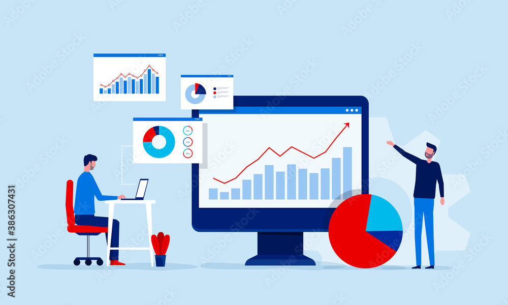 Aufkleber business people team analytics and monitoring on web report dashboard monitor concept and vector illustration business working concept