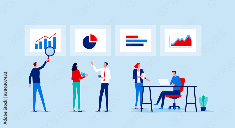 Poster business financial and investment team meeting for business planning and analytics monitor chart and