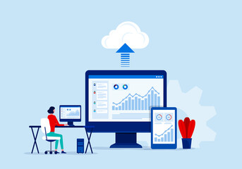 flat vector business technology cloud computing service concept and with developer team working   on dashboard monitor concept