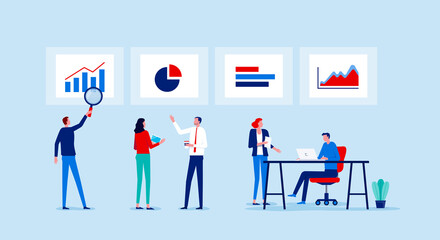 Business financial and investment team meeting for business planning and analytics monitor chart and graph report concept