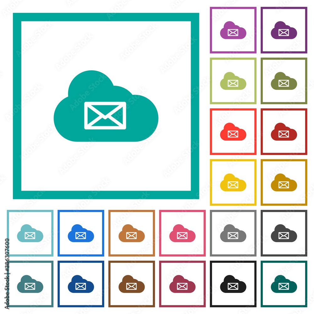 Poster cloud mail system flat color icons with quadrant frames