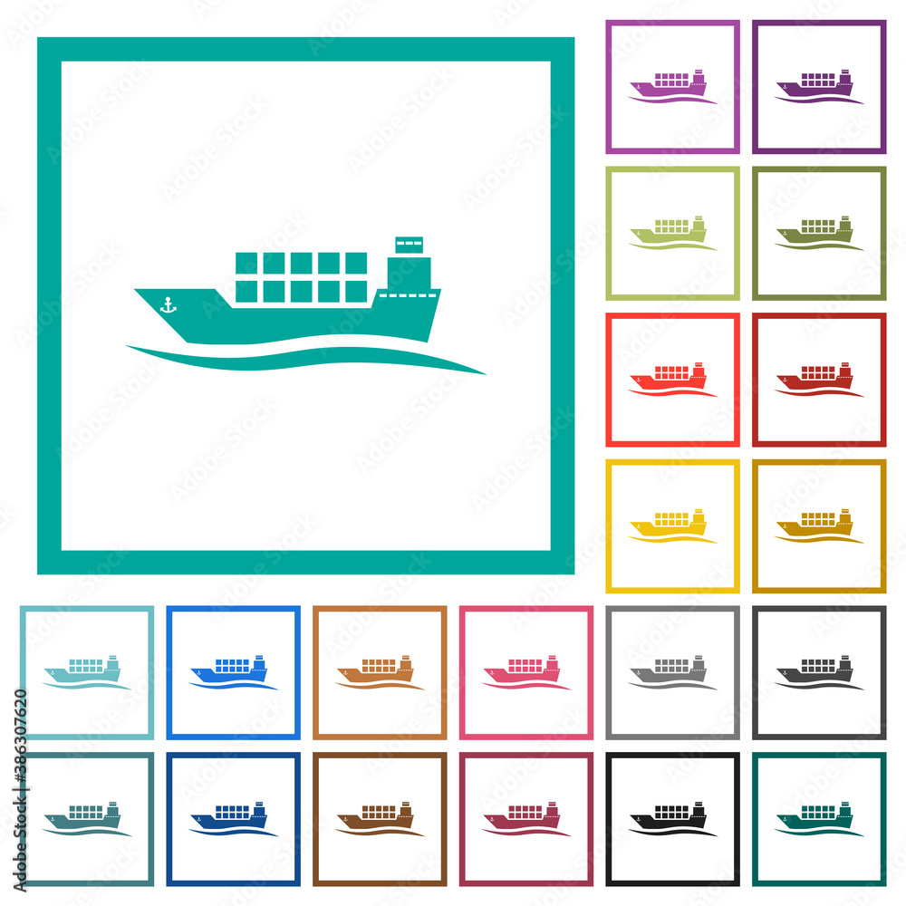 Poster freighter with wave flat color icons with quadrant frames