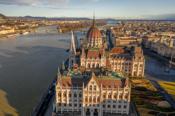 Aerial drone shot of Hungarian Parliament south side in Budapest winter morning glow