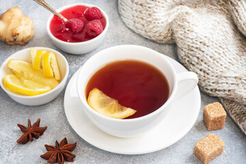 Lemon raspberry jam hot tea. Warming products for the prevention of colds and flu. Copy space.