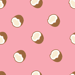 Seamless pink pattern with coconuts . Half a coconut. Summer and paradise background. Wallpaper, print, wrapping paper, modern textile design, banner, poster. Vector illustration.