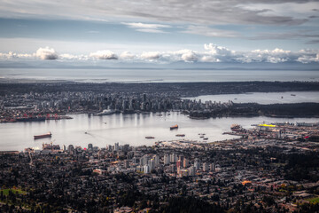 Aerial view of North Vancouver with Downtown City in the Background. Taken during sunny morning in British Columbia, Canada. Artistic Render