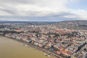 Fototapeta premium High angle aerial drone view of Fisherman's Bastion in Budapest winter morning