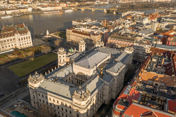 Aerial drone view of Museum of Ethnography in Budapest Kossuth Square