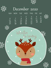 Winter green background with cute reindeer and 2020 December calendar under snowflake. Sweet and cute wallpaper vector art design for season greetings Christmas and happy new year celebration festival