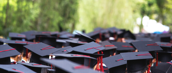 Group of Graduates during commencement stand in row. Concept education congratulation in...