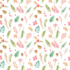 Seamless pattern Christmas print Floral elements flowers, branches, pine, berries , leaves on a white background