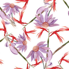 seamless watercolor illustration  background mix colorful floral flower and leaves with line art used for background texture, wrapping paper, textile greeting card template or wallpaper design