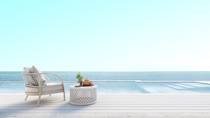 Beach lounge with sundeck,pool and sea view for vacation and summer.3d rendering