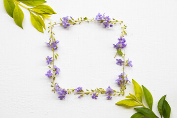 Fototapeta na wymiar little purple flowers and leaf arrangement flat lay postcard style on background white wooden