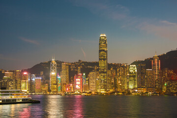 Victoria harbor of Hong Kong city at dusk