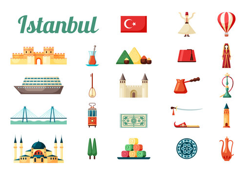 Istanbul turkey culture set. Medieval fortress national flag with crescent moon star ancient big mosque dancing dervish oriental sweets variety of spicy spices red hookah. Cartoon vector.