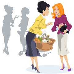 Beautiful girls chatting in supermarket. Picture concept for web page design.