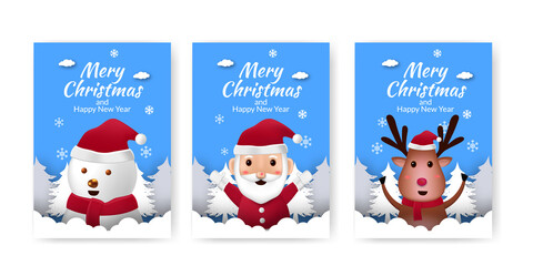Set of poster announcement merry christmas and happy new year with cute illustration